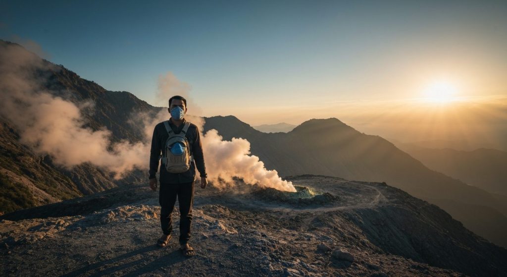 kawah ijen blue fire tour health risks sulfur fumes mask — Photorealistic editorial travel photograph relevant to: The h